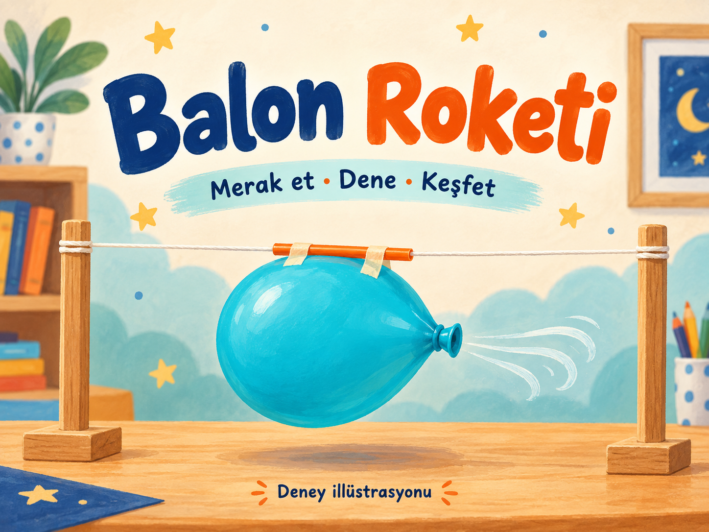 Balon, pipet ve iple hazırlanan balon roketi deneyinin illüstrasyonu.